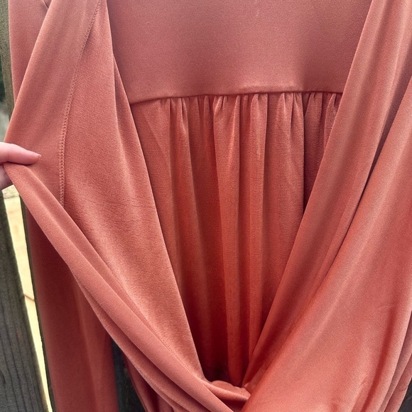 Free People Turnt Metallic Shiny Peach Orange V Neck Drapey Long Sleeve Bodysuit - Picture 8 of 13